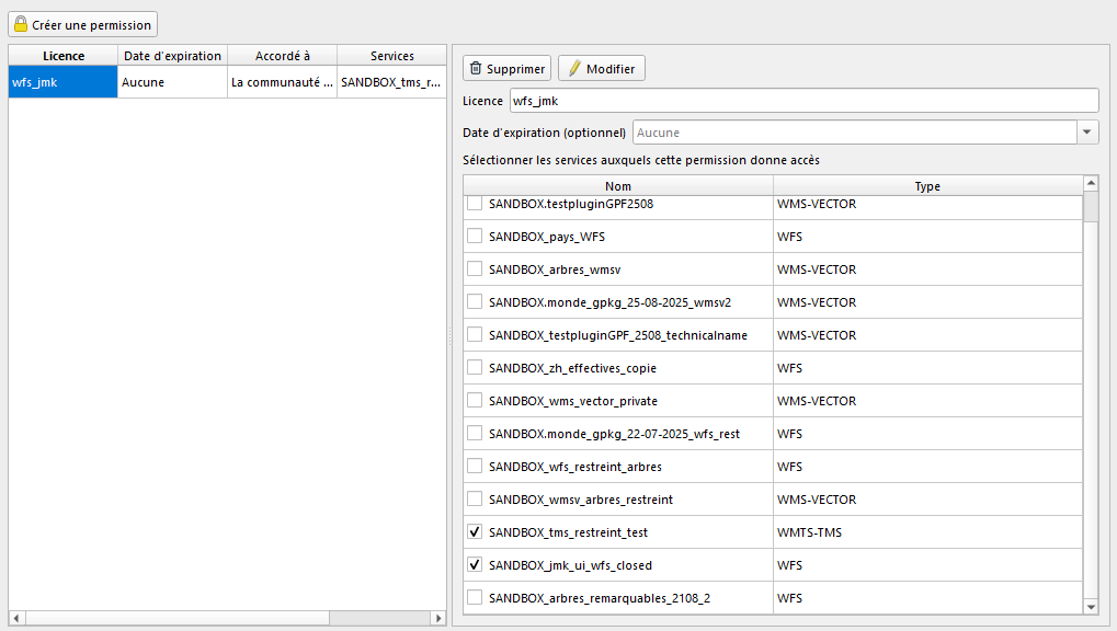 Panneau permissions